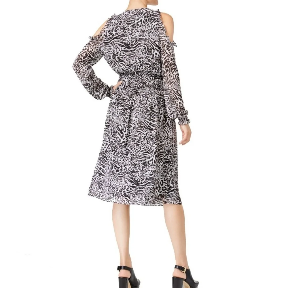 Michael Kors Black Zebra Print Cold-shoulder Smocked Fit &‎ Flare Dress Sz S NWT